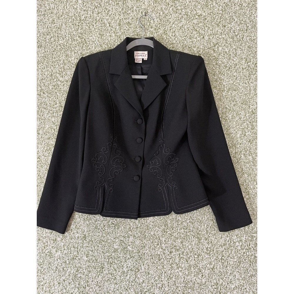 Adrianna Papell 6 Black Embellished Embroidered Crepe Retro Glam Office Chic